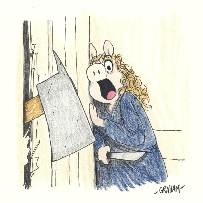 Cartoon character in blue robe holds knife, reacting with shock to a board nailed across a door in a one panel comic.