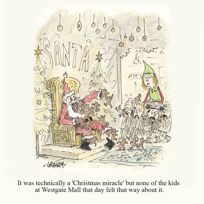 Santa Claus overwhelmed by gingerbread cookies in a Graham Annable one panel comic with an unexpected twist.