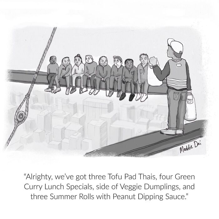Cartoon by Maddie Dai showing workers on a beam high above city buildings with a lunch order being taken.