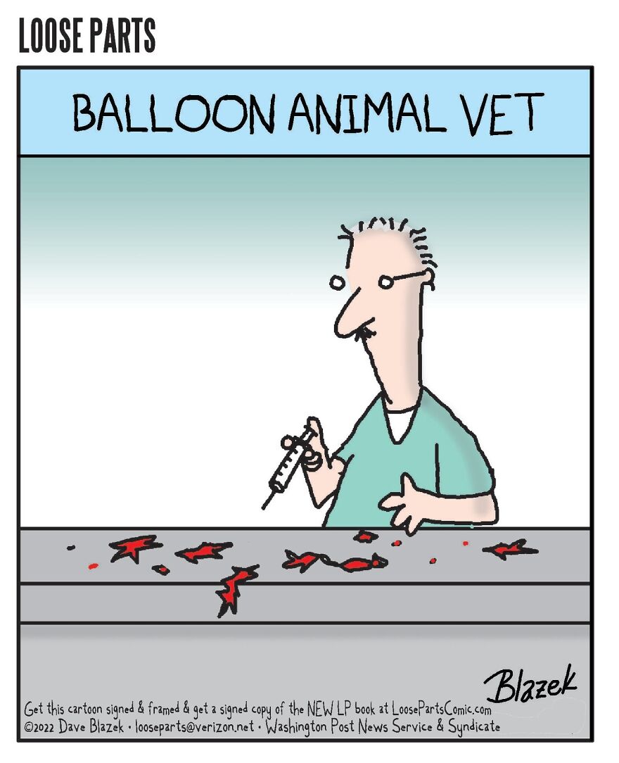 Cartoon of a hospital-themed vet holding a syringe with balloon animal parts on the table in a humorous cartoon style.