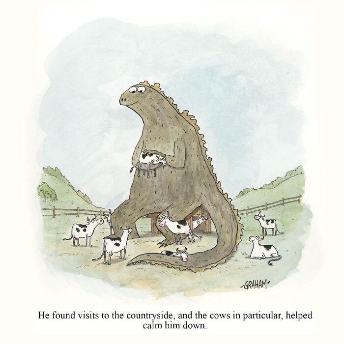 Cartoon comic by Graham Annable showing a giant monster calmly milking cows in a peaceful countryside scene.