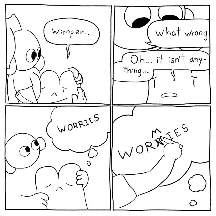 Simple black and white comic showing characters dealing with worries, from a relatable comics series by Cyelatm.