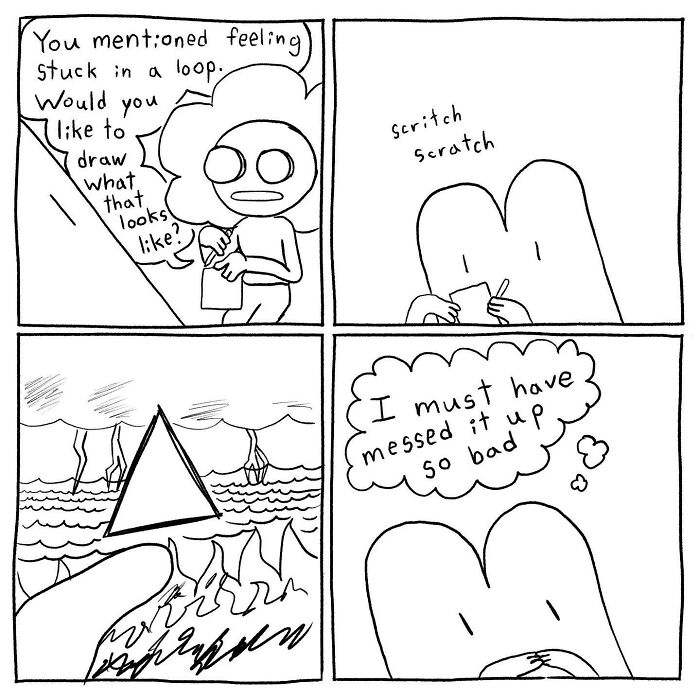 Black and white comic by Cyelatm showing a character drawing feelings with relatable emotions and self-doubt in a loop.