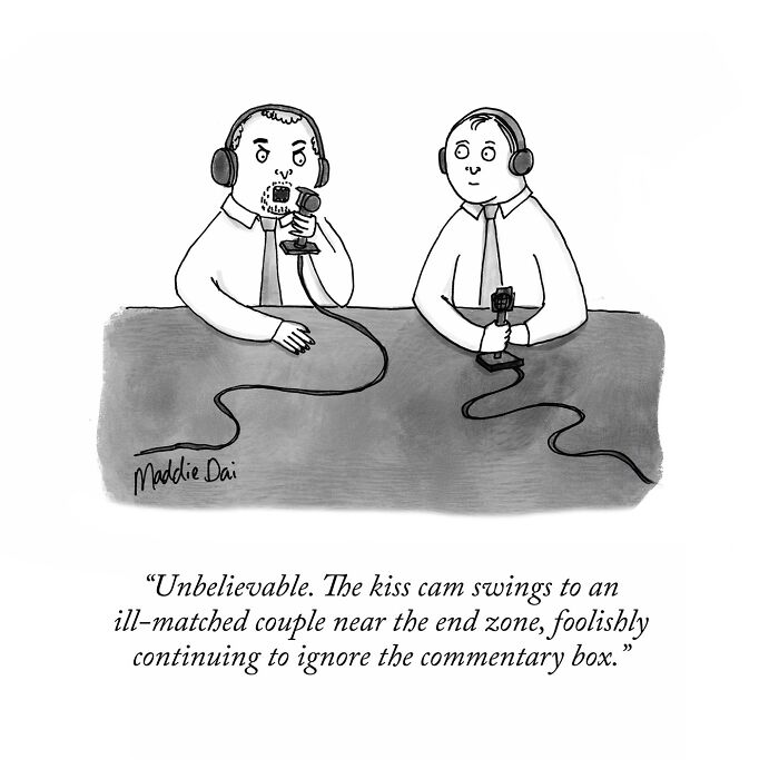 Cartoon of two sports commentators humorously discussing a kiss cam ignoring the commentary box, by Maddie Dai cartoons.