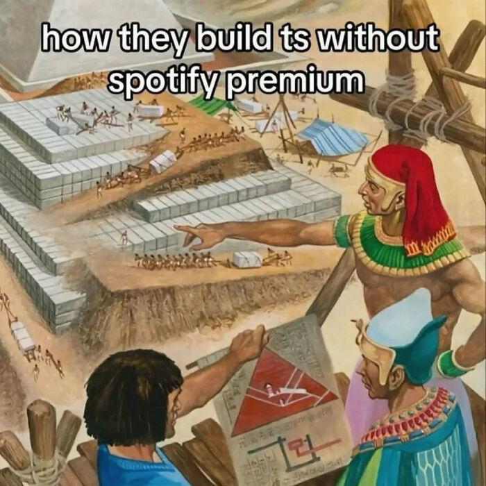 Ancient Egyptian figures building a pyramid with humorous caption, showcasing classical paintings cleverly captioned.