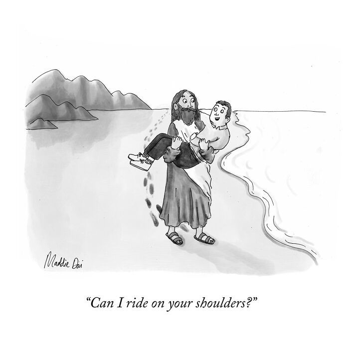 Black and white cartoon by Maddie Dai showing a man carrying another on a beach with footprints and humorous caption.