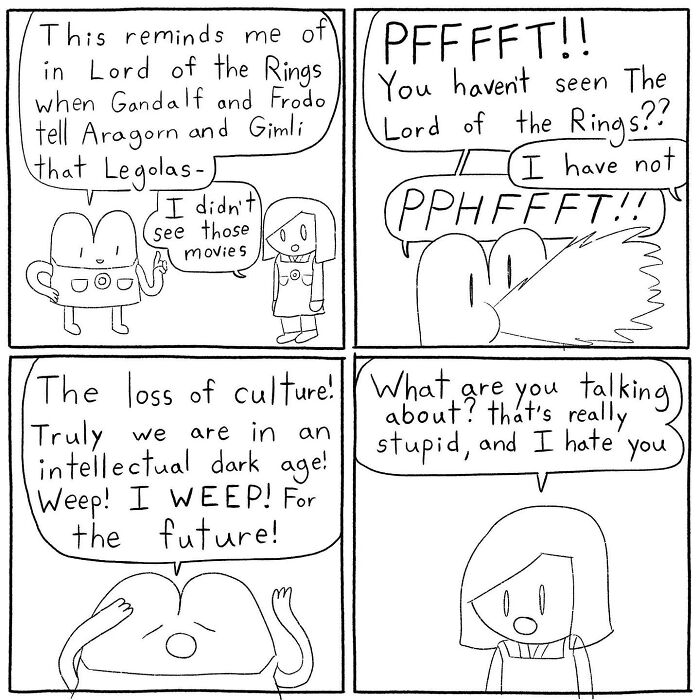 Comic strip by Cyelatm featuring characters discussing Lord of the Rings, highlighting relatable cultural and intellectual gaps.