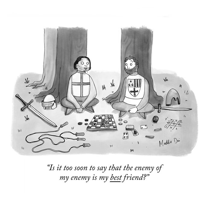 Medieval knights playing board games under trees in a clever and relatable cartoon by Maddie Dai.