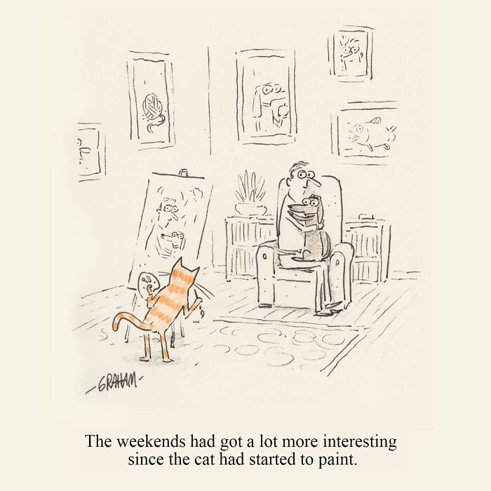 Comic by Graham Annable showing a cat painting a portrait of a man holding a dog in a living room setting.