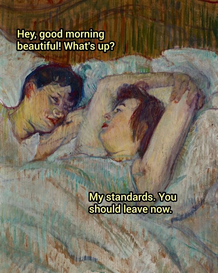 Classical painting of two people in bed with humorous captions by a beloved Instagram creator.