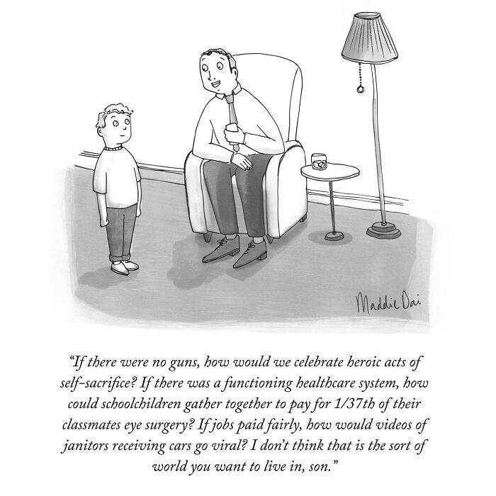 Black and white cartoon by Maddie Dai showing a father talking to his son about society and heroic acts of self-sacrifice.