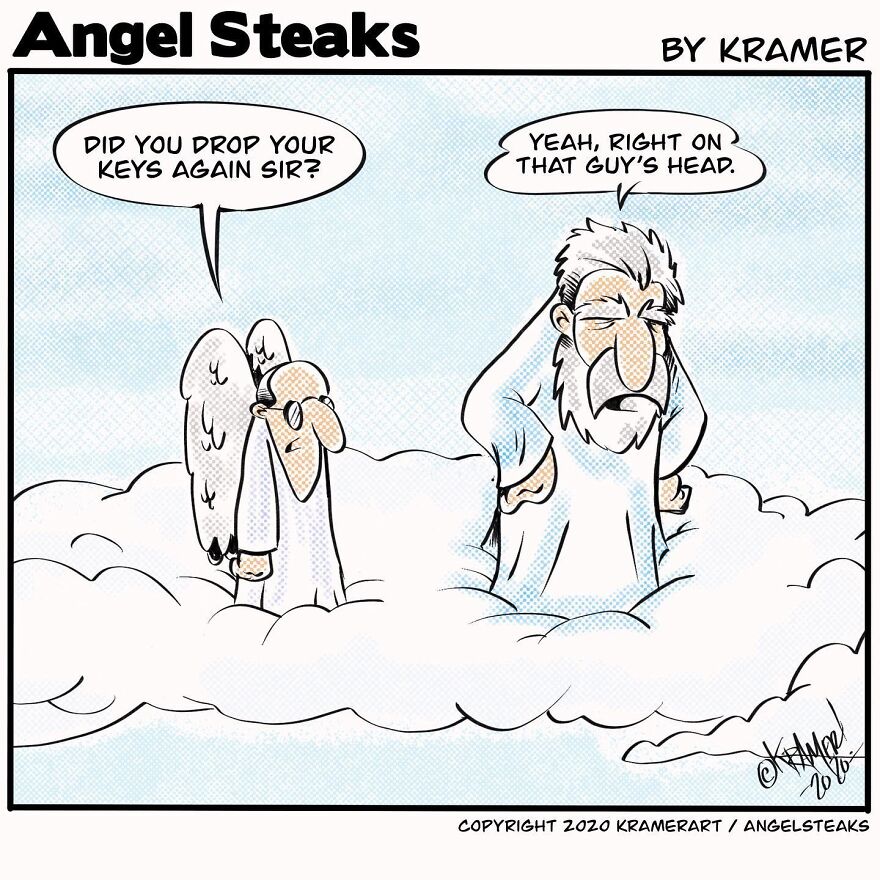 Cartoon from Kramer’s Angel Steaks series showing God and an angel in clouds with a humorous conversation.