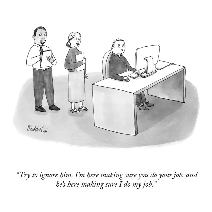 Cartoon by Maddie Dai showing office workers managing each other’s tasks in a clever and relatable work scenario.