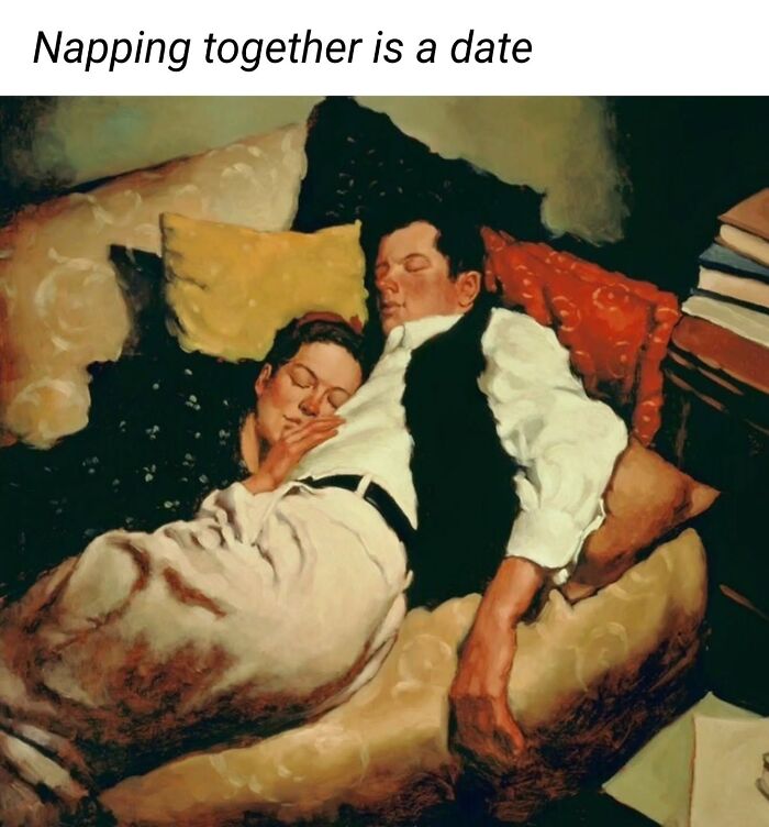 Couple napping on a couch in a classical painting cleverly captioned by a beloved Instagram creator.