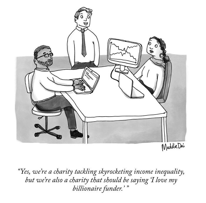 Office meeting cartoon showing diverse coworkers discussing income inequality, from clever and relatable cartoons by Maddie Dai.