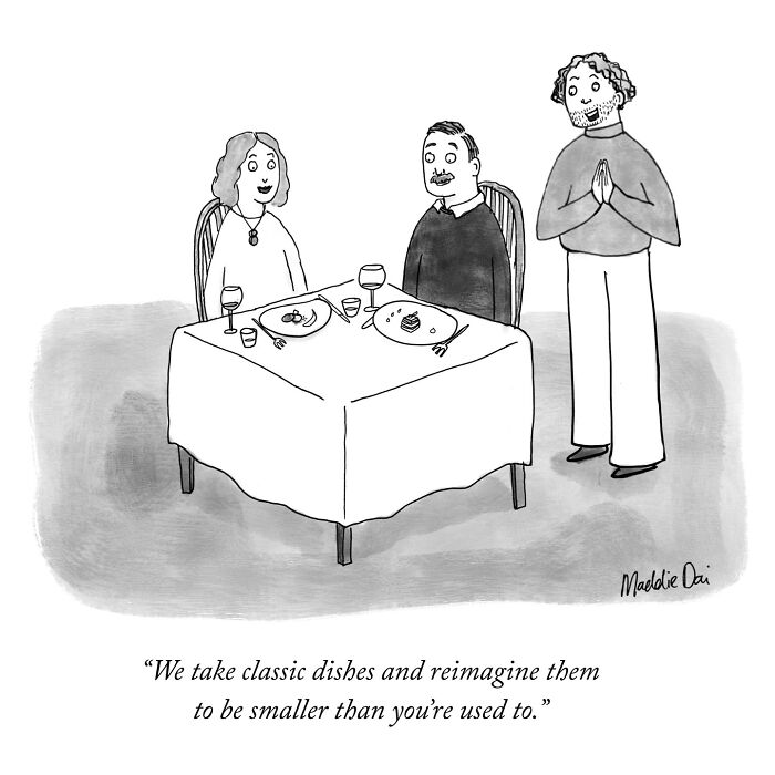 Cartoon by Maddie Dai showing a couple at a restaurant with tiny portions, highlighting clever and relatable humor.