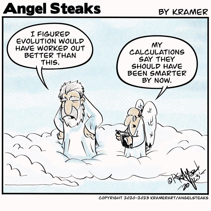 Angel steaks cartoon with two divine characters discussing evolution and intelligence above the clouds in a humorous setting.