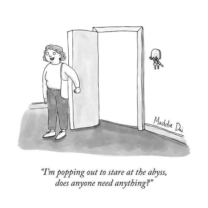 Cartoon by Maddie Dai showing a person opening a door, humorously offering to stare at the abyss for others.
