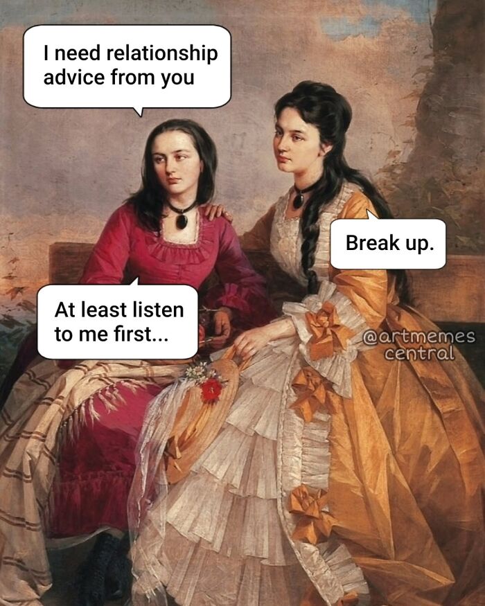 Two women in classical paintings with clever Instagram captions discussing relationship advice and break up.