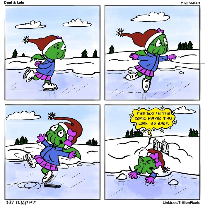 Dani ice skating outdoors in winter gear with a red hat and purple skirt in a colorful Dani & Lulu comic by Mike Swaim.
