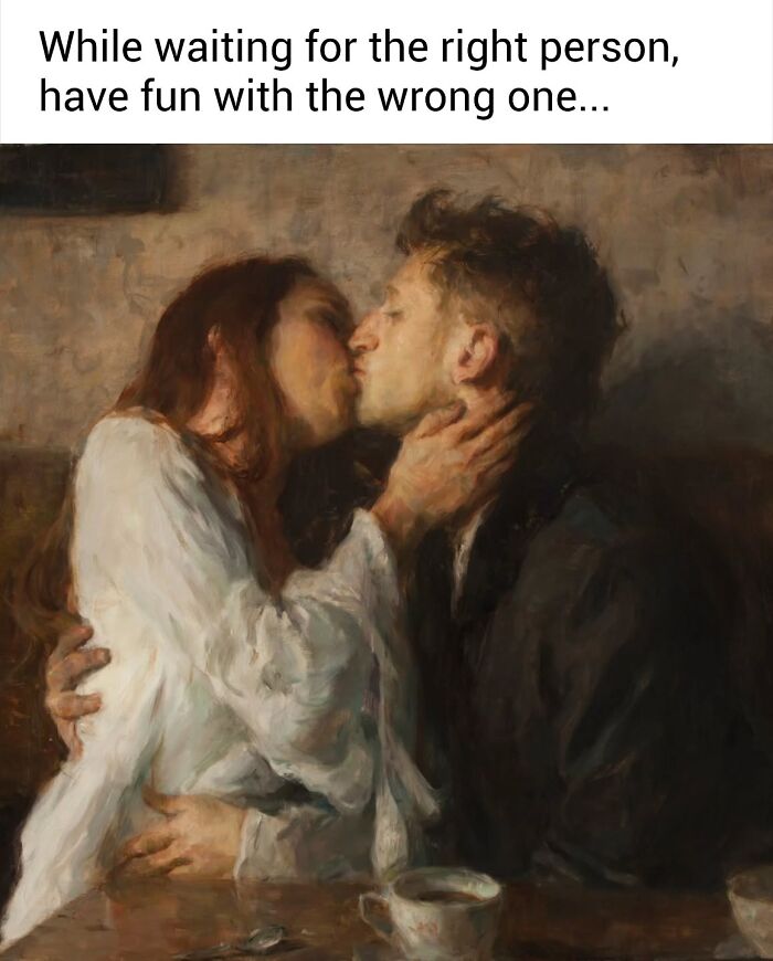 Romantic classical painting of a couple kissing, captioned with a witty love quote by a popular Instagram creator.