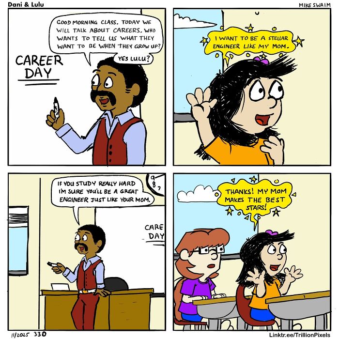 Dani & Lulu comic strip showing a classroom career day discussion featuring a girl aspiring to be a stellar engineer.