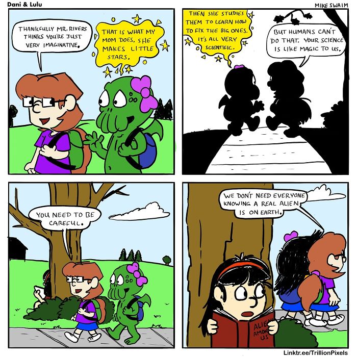 Dani and Lulu comic panels featuring a girl and alien discussing imagination, science, and secrecy outdoors.