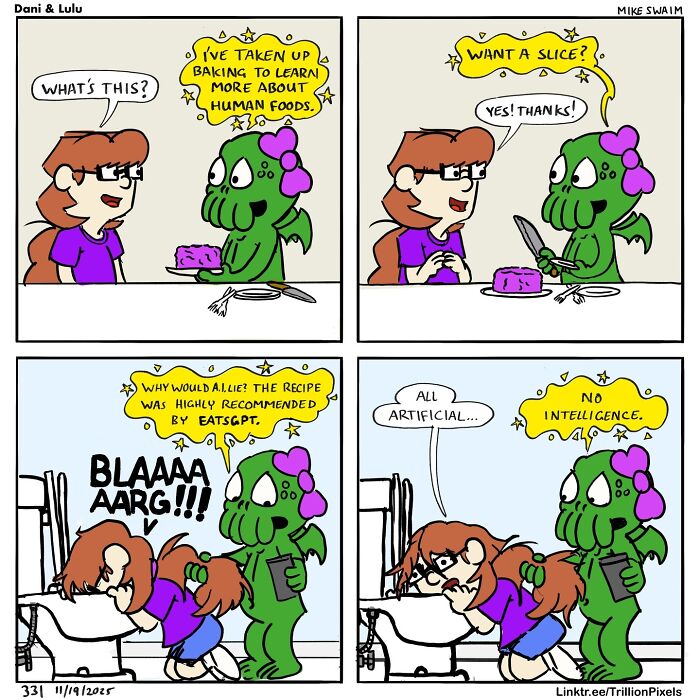 Comic strip from Dani & Lulu by Mike Swaim featuring a green character baking human foods and a humorous reaction.