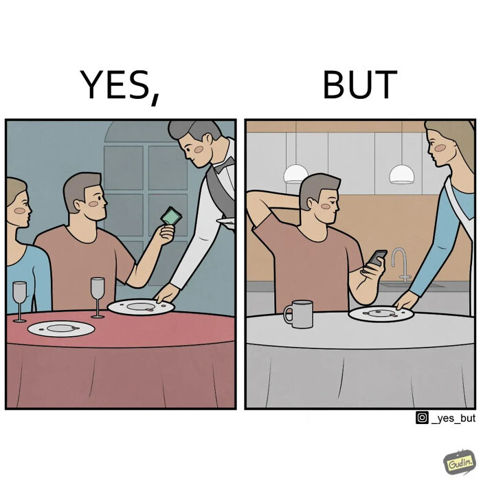 Yes, But comic panels showing modern life’s strangeness with a man paying at a restaurant and checking his phone.