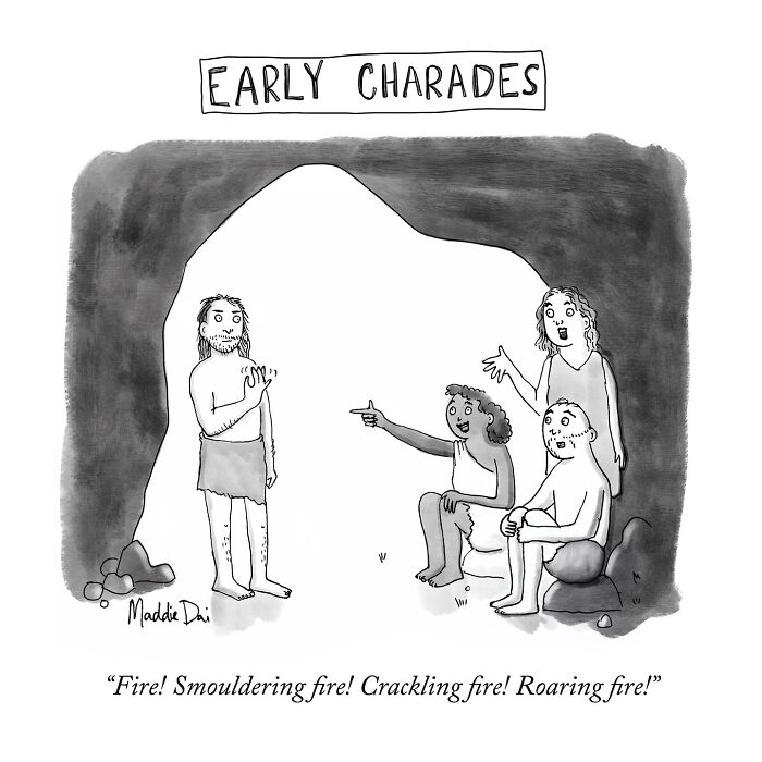 Clever and relatable cartoon showing cavemen playing early charades, highlighting humor by Maddie Dai.