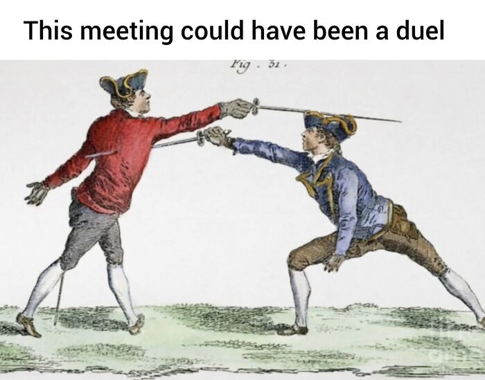 Classical painting of two men dueling with swords, cleverly captioned in a humorous style by a popular Instagram creator.