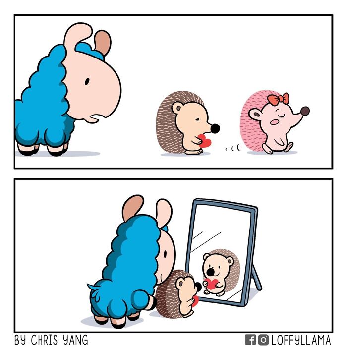 Comic panels showing a llama and a hedgehog holding a heart, reflecting friendship in wholesome comics by Chris Yang.