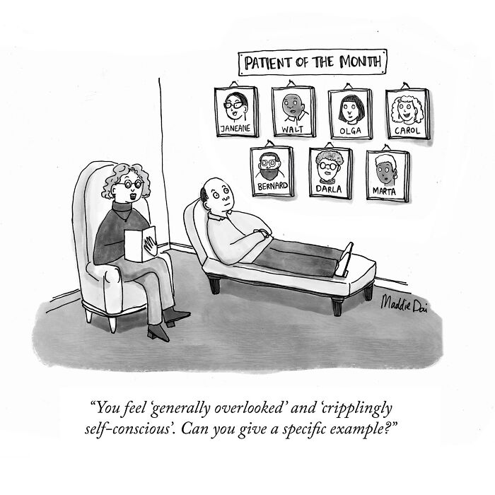 Black and white cartoon by Maddie Dai showing a therapy session about feeling overlooked with patient of the month photos on wall.