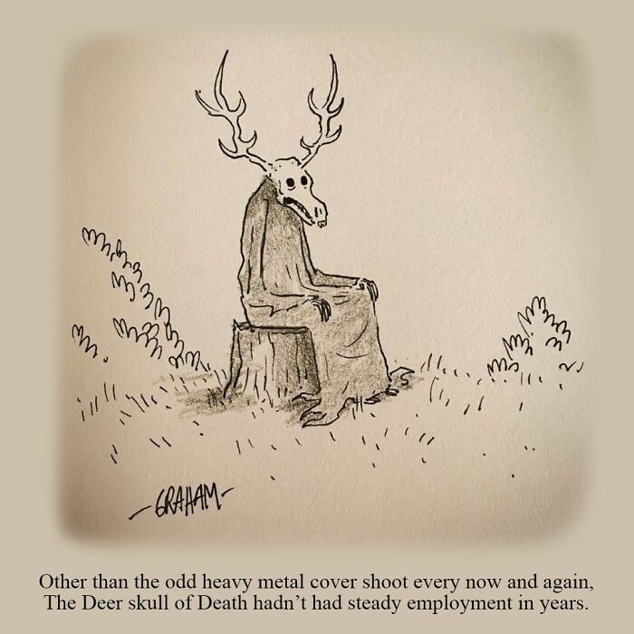 Sketch of a deer skull figure sitting on a tree stump in a one panel comic by Graham Annable with an unexpected twist.
