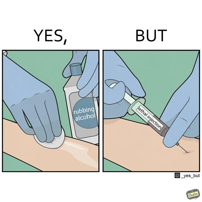Comic panels showing gloved hands applying rubbing alcohol then a lethal injection, illustrating funny yes but comics about modern life.