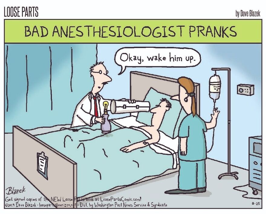 Hospital-themed cartoon showing a doctor playfully using a novelty device to wake a patient in a hospital bed.