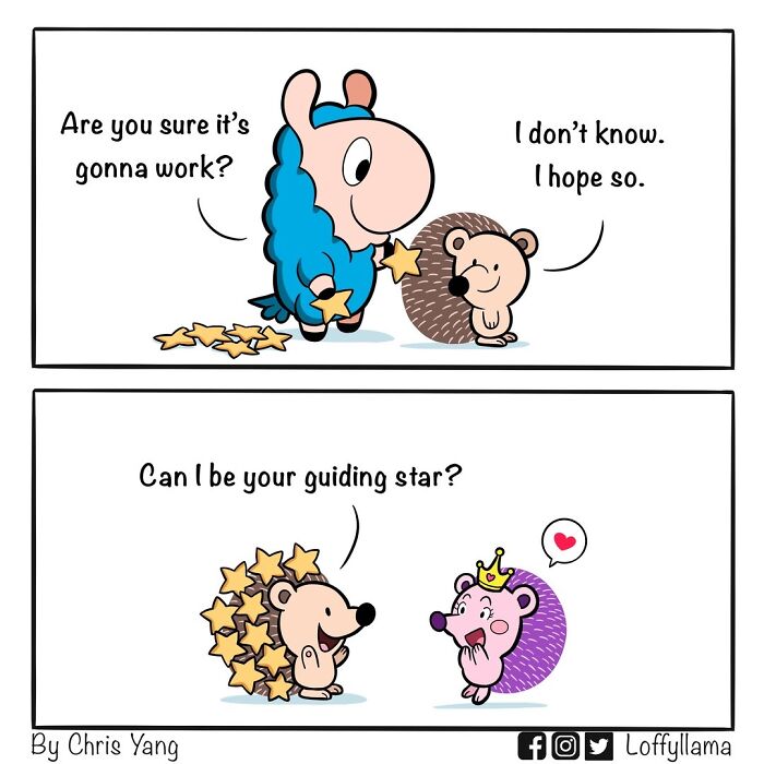 Comic panels showing a llama and a hedgehog sharing stars, depicting their friendship in a wholesome comic by Chris Yang.