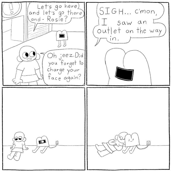 Black and white comic by Cyelatm showing a character with a low battery face finding an outlet and recharging.
