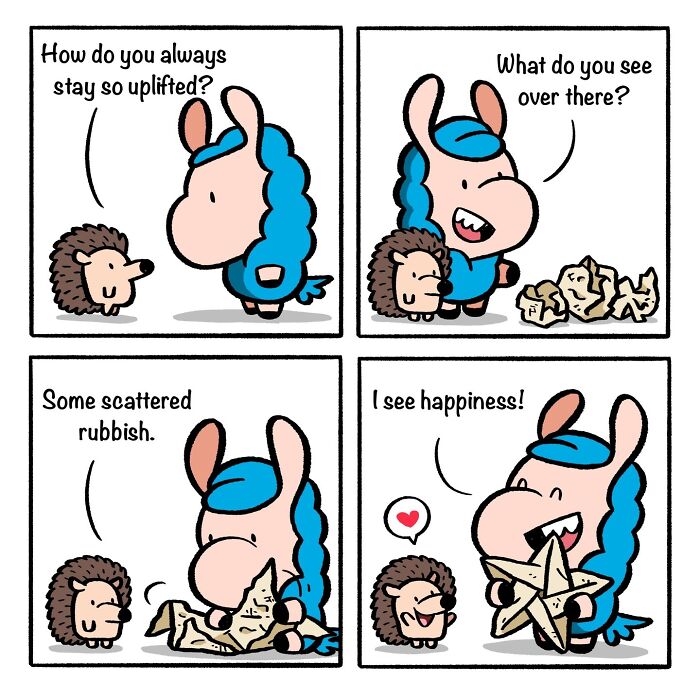 Wholesome comic featuring a llama and hedgehog’s friendship with uplifting messages and simple illustrations.