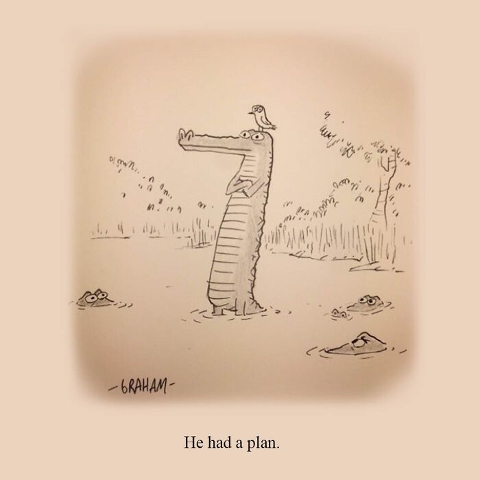 Cartoon alligator standing on hind legs with a bird on its head in a pond, a Graham Annable one panel comic.