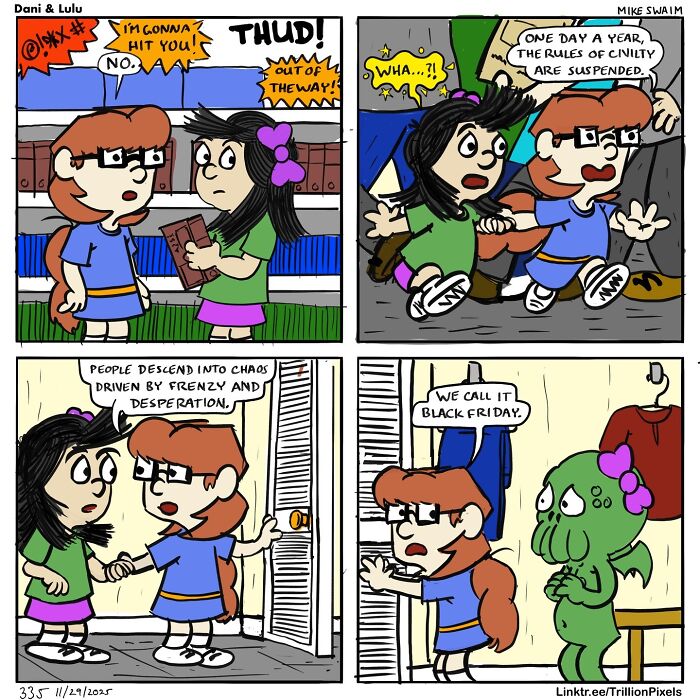 Dani and Lulu comic strip by Mike Swaim showing a chaotic Black Friday shopping scene with characters arguing and running.