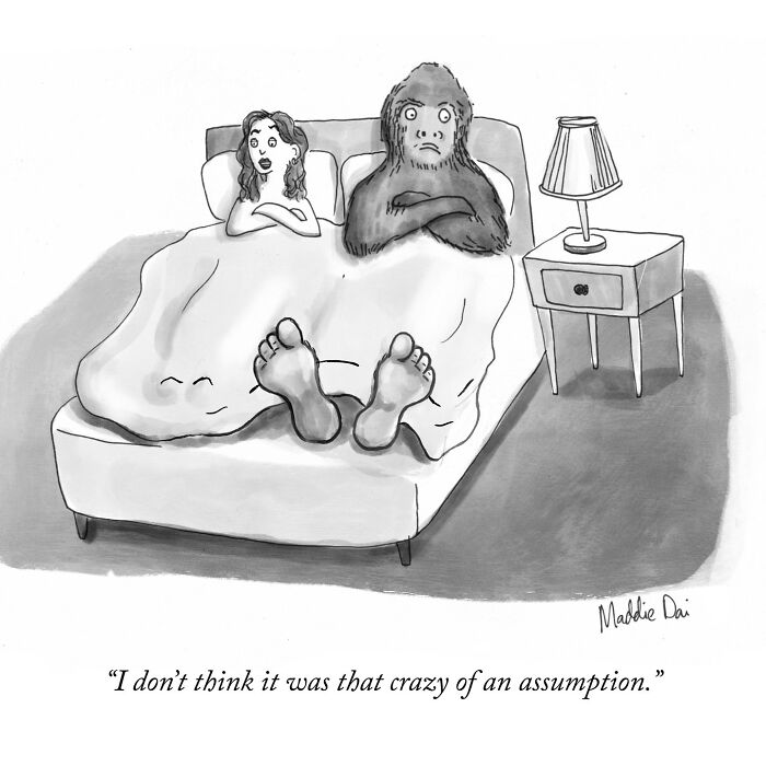 Cartoon by Maddie Dai showing a surprised woman in bed next to a large gorilla with crossed arms and feet sticking out.