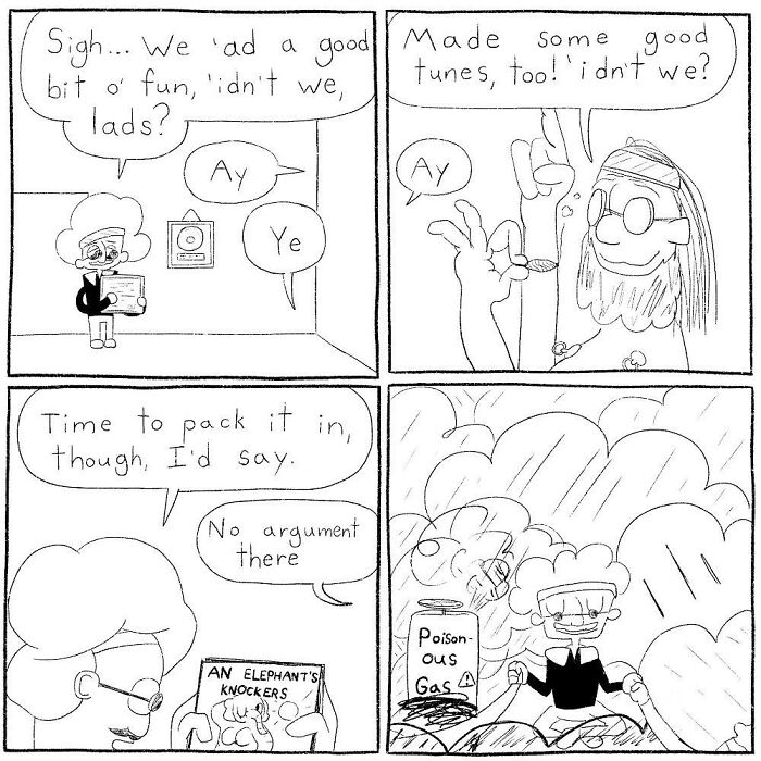 Black and white comic panels by Cyelatm showing characters reflecting on fun times and packing up with a toxic gas canister.