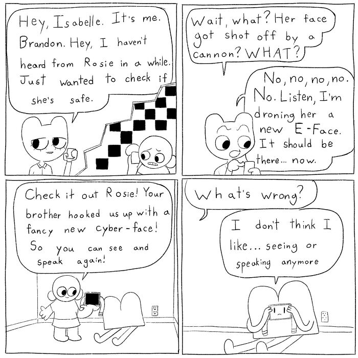 Hand-drawn comic panels showing characters discussing a new cyber-face and struggles with communication, relatable comics by Cyelatm.