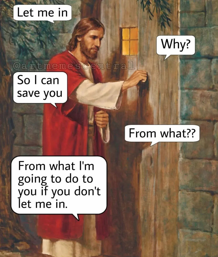 Classical painting of a man knocking on a door with humorous caption, blending classical paintings and clever Instagram captions.