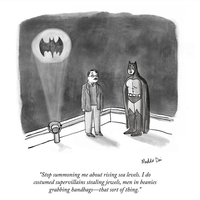 Cartoon of Batman and a man discussing summoning about rising sea levels in a clever and relatable Maddie Dai cartoon.