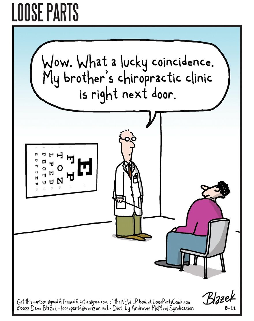 Cartoon showing a doctor telling a patient about a lucky coincidence near a chiropractic clinic, hospital-themed humor.