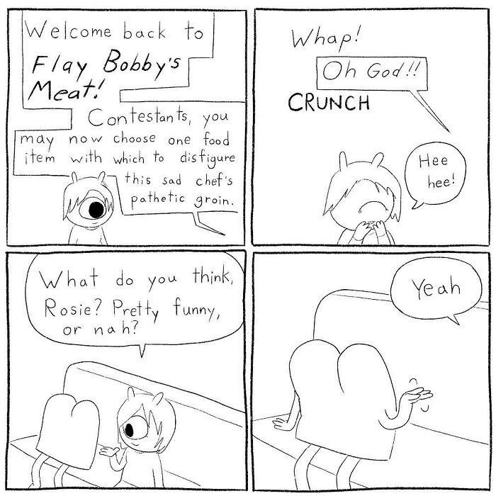 Black and white comic by Cyelatm featuring characters in a humorous and relatable conversation about disfiguring a chef's groin.