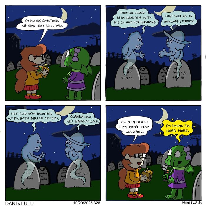 Dani and Lulu comic panels at night in a graveyard, featuring ghost characters and humorous ghost gossip scenes.