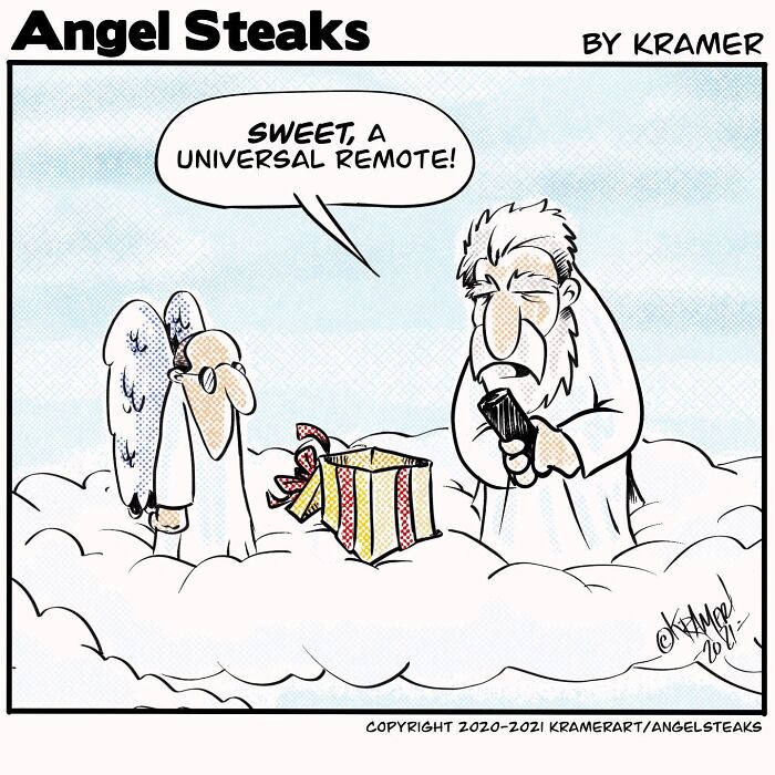 Angel Steaks cartoon shows God and an angel on clouds with a universal remote in a gift box.